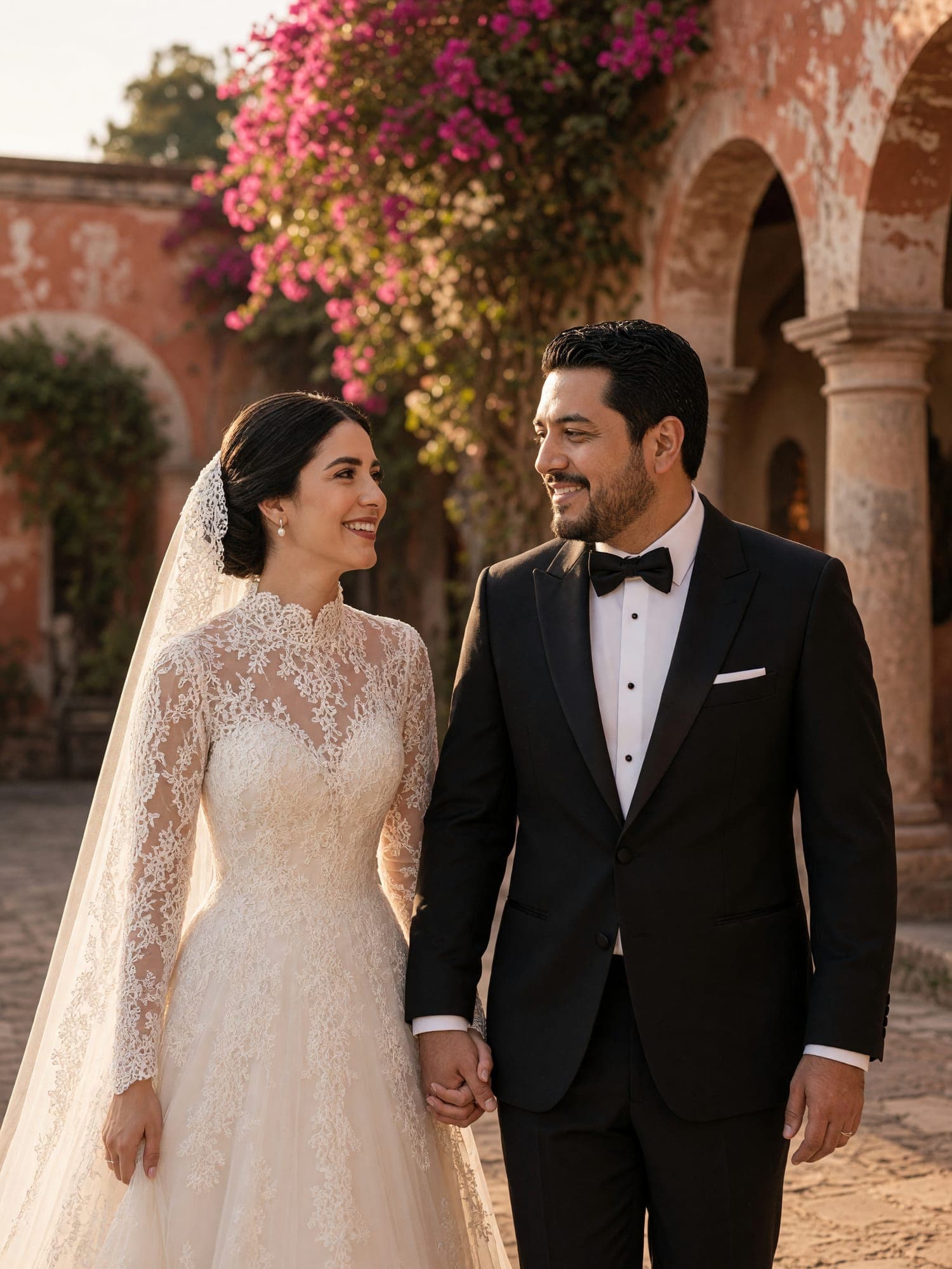 Pareja de novios caminando bajo los arcos de una hacienda al atardecer (imagen de ejemplo)